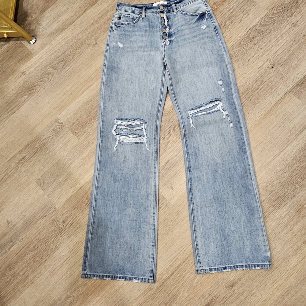 KanCan Light Blue Distressed High-Rise Wide-Leg Jeans